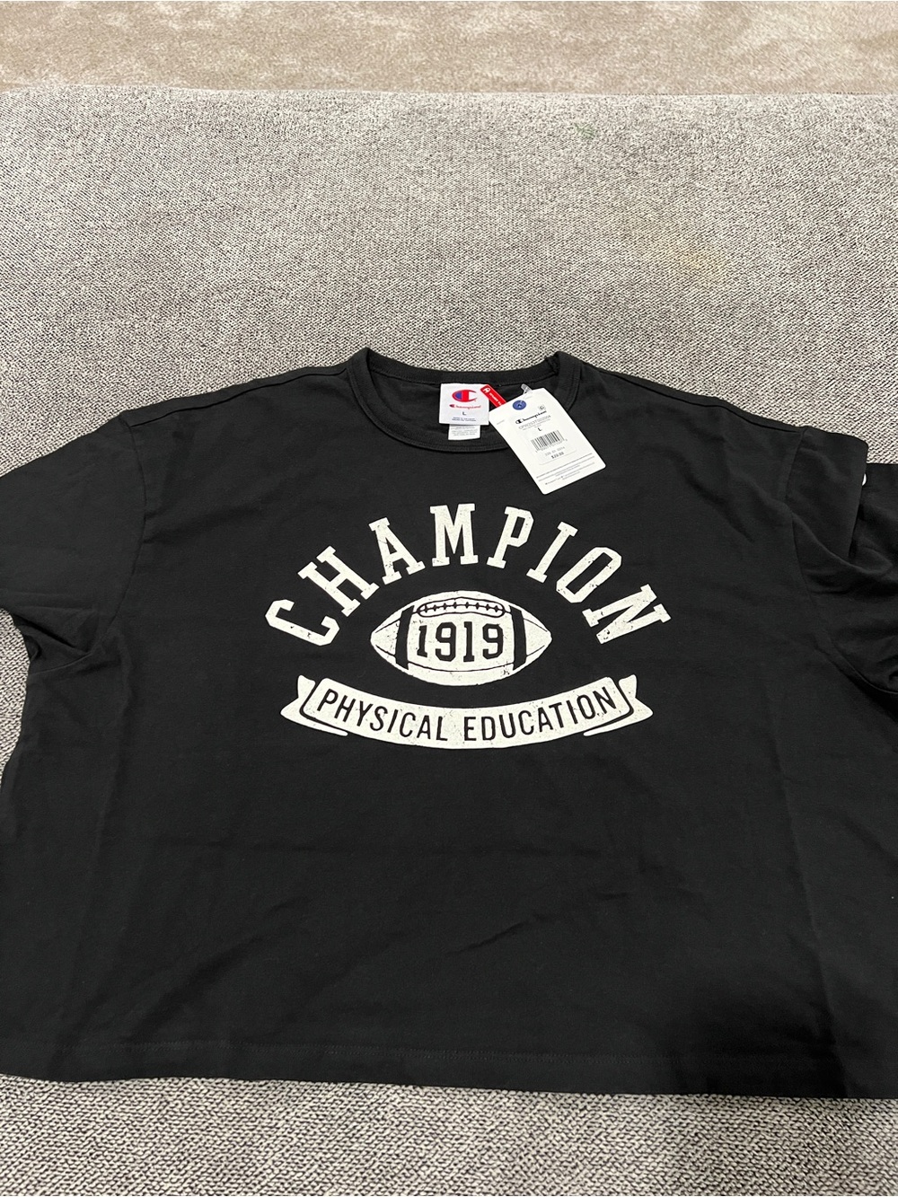 Champion Black Tee with White Varsity Letters